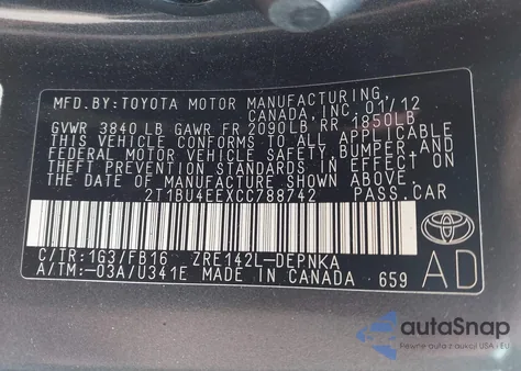 2012 Toyota Corolla Le from USA, damaged, VIN 2T1BU4EEXCC788742